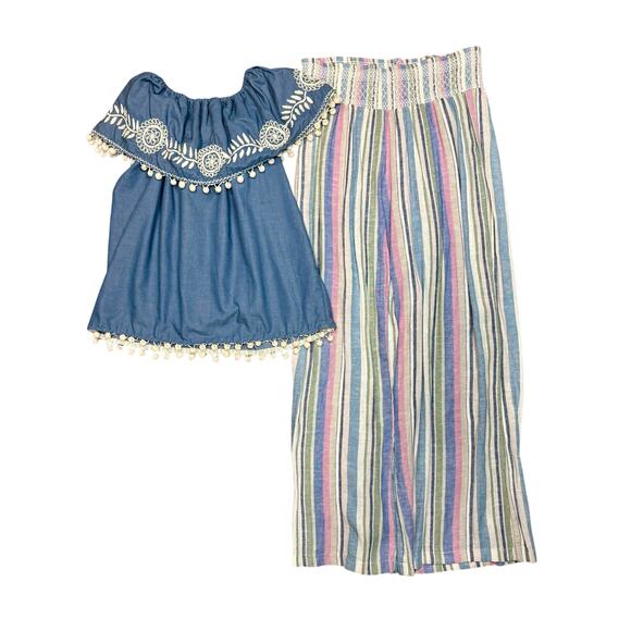 BUNDLE!  Wide Leg Pastel Linen Pants and Chambrey Boho Embroidered Blouse - Picture 1 of 7
